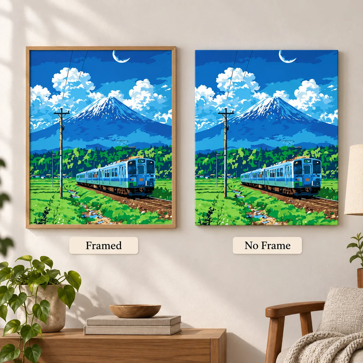 Framed and no-frame comparison for Moonlit Mountain Journey Diamond Painting Kit