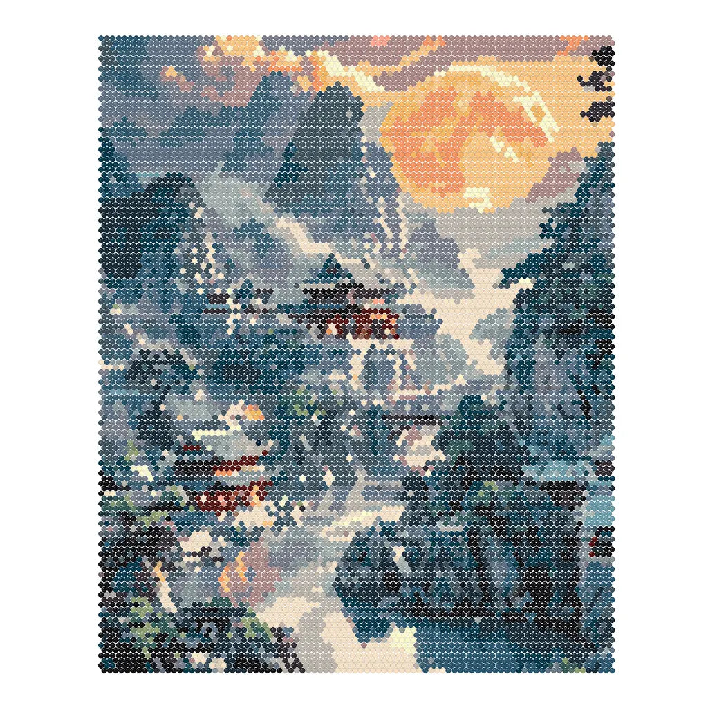 Finished diamond painting of a sanctuary among steep mountain peaks under a glowing moon.
