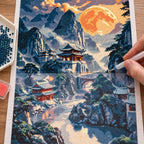 Diamond painting process for Moonlit Mountain Sanctuary, showing drills being placed over a sanctuary among steep mountain peaks under a glowing moon.