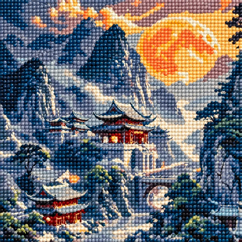 Close-up of drill texture and color in a sanctuary among steep mountain peaks under a glowing moon.