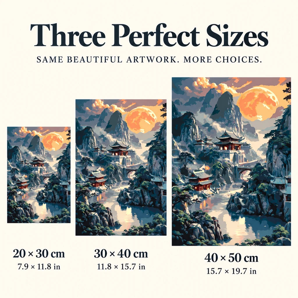 Size guide for Moonlit Mountain Sanctuary: 20 × 30 cm, 30 × 40 cm, and 40 × 50 cm.