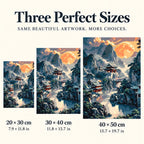 Size guide for Moonlit Mountain Sanctuary: 20 × 30 cm, 30 × 40 cm, and 40 × 50 cm.