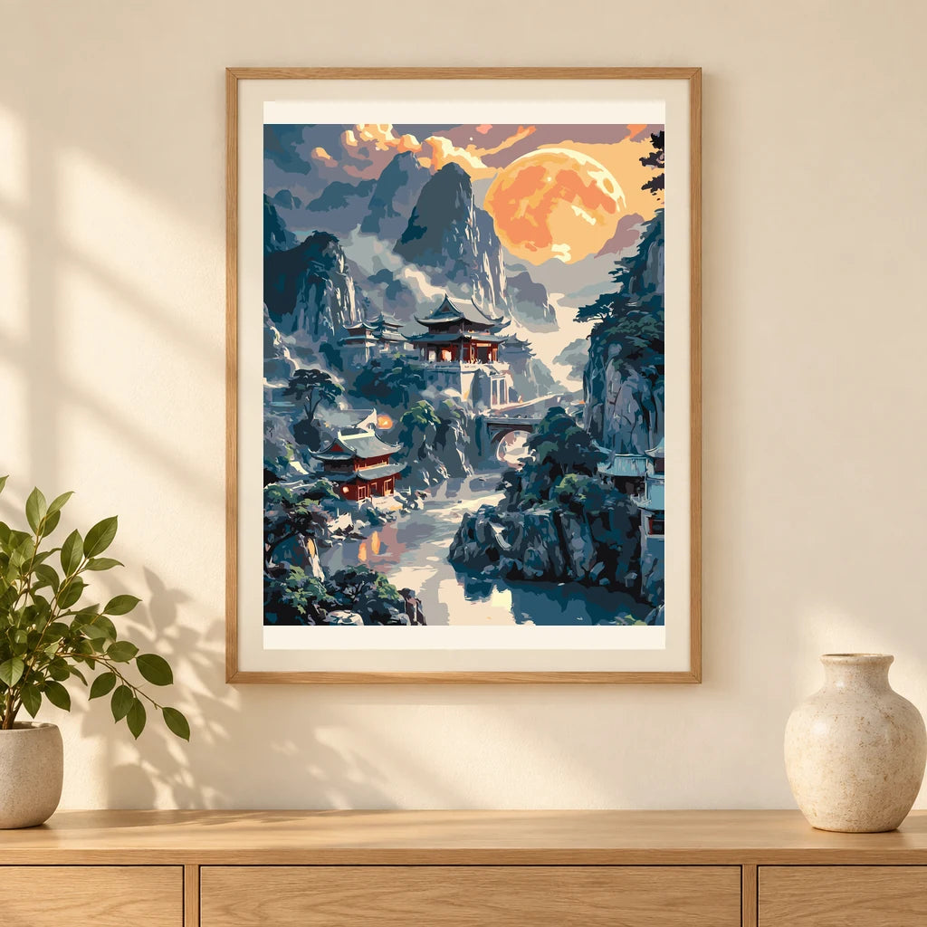 Home decor scene showing Moonlit Mountain Sanctuary artwork displayed on a wall.