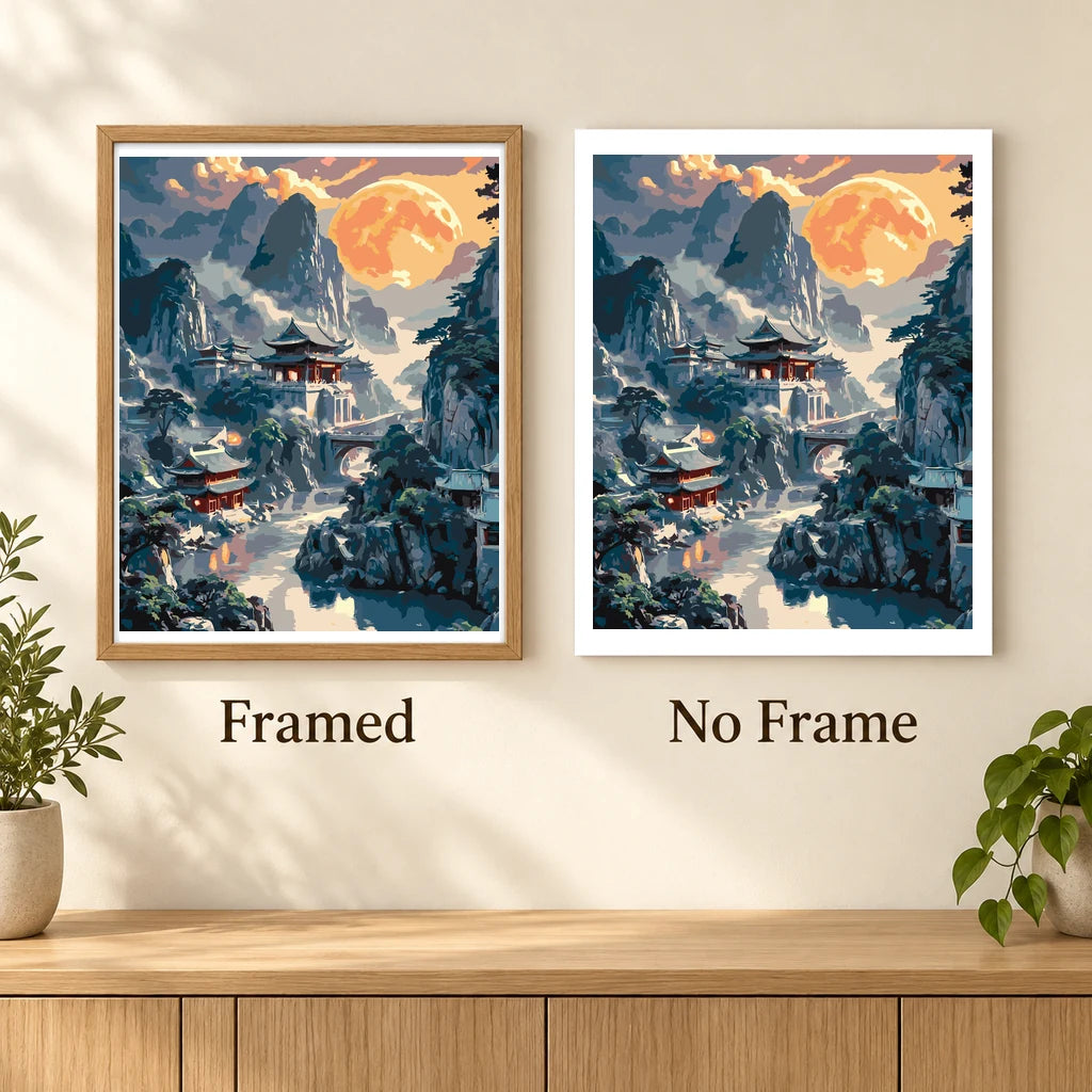 Framed and no-frame comparison for Moonlit Mountain Sanctuary artwork.