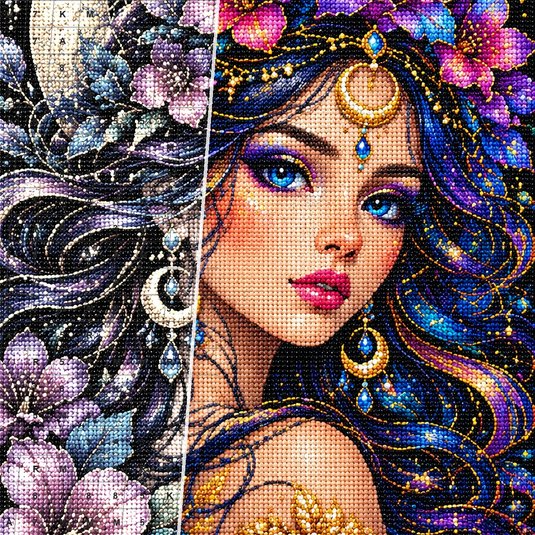 Moonlit Purple Flower Queen Diamond Painting Kit — Diamond and canvas detail