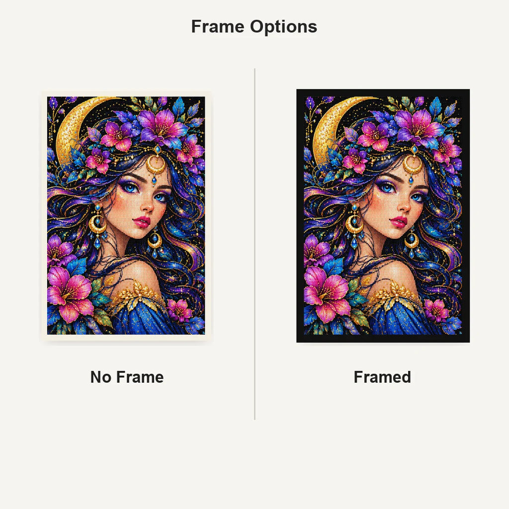 Moonlit Purple Flower Queen Diamond Painting Kit — No Frame and Framed comparison