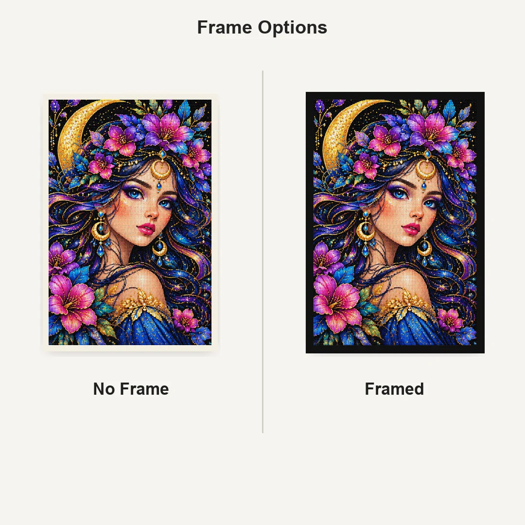 Moonlit Purple Flower Queen Diamond Painting Kit — No Frame and Framed comparison