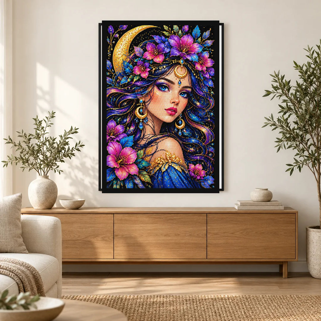 Moonlit Purple Flower Queen Diamond Painting Kit — Home decor scene