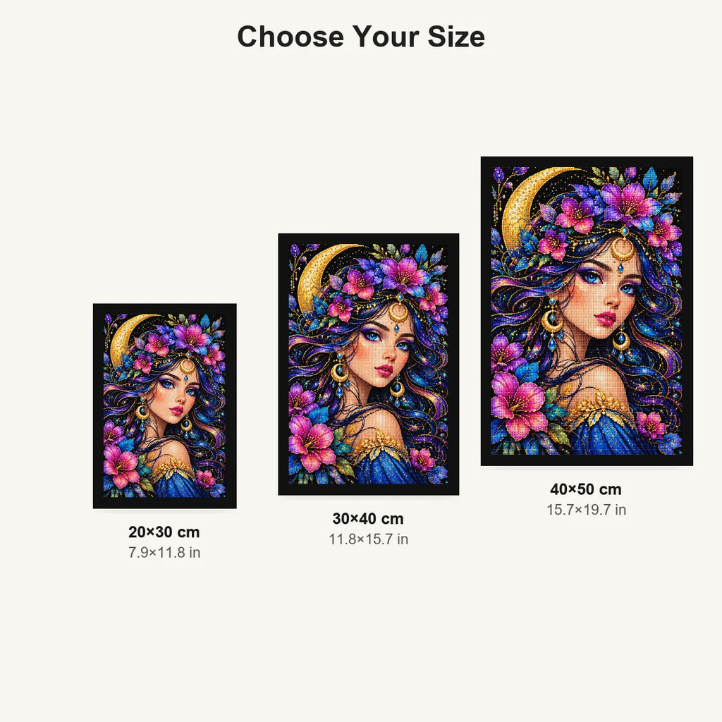Moonlit Purple Flower Queen Diamond Painting Kit — Size guide