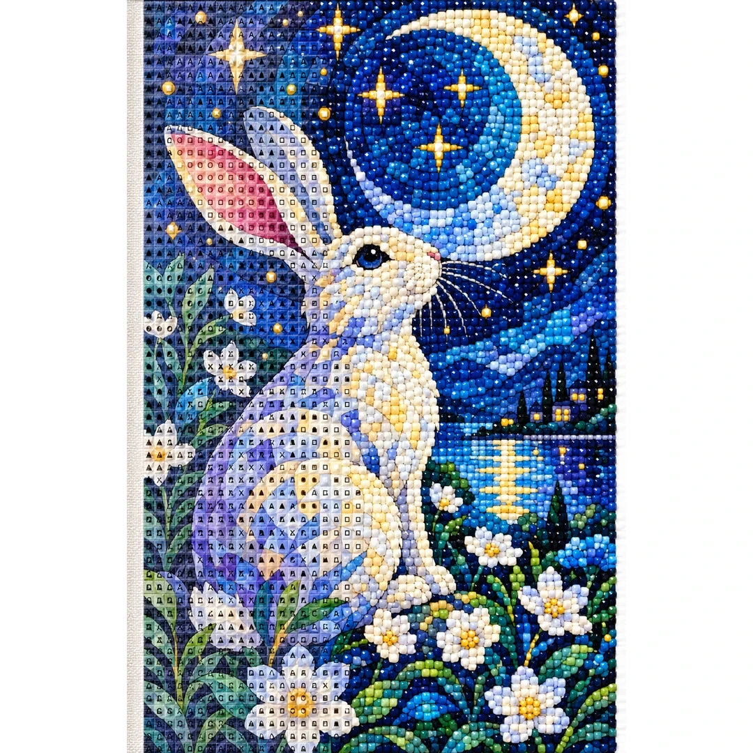 Moonlit Rabbit Daisies Diamond Painting Kit — canvas and drill material detail