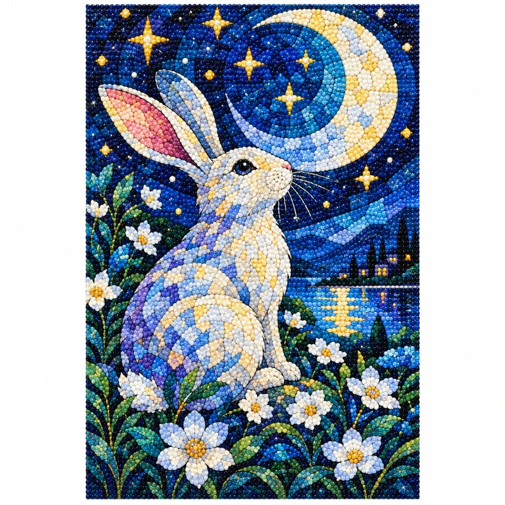 Moonlit Rabbit Daisies Diamond Painting Kit — finished diamond painting on white background