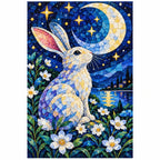 Moonlit Rabbit Daisies Diamond Painting Kit — finished diamond painting on white background
