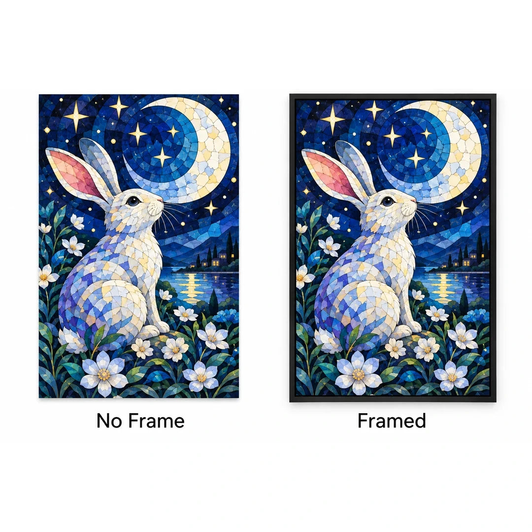 Moonlit Rabbit Daisies Diamond Painting Kit — No Frame and Framed style comparison
