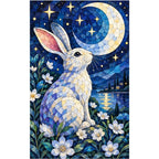 Moonlit Rabbit Daisies Diamond Painting Kit — original white-background artwork