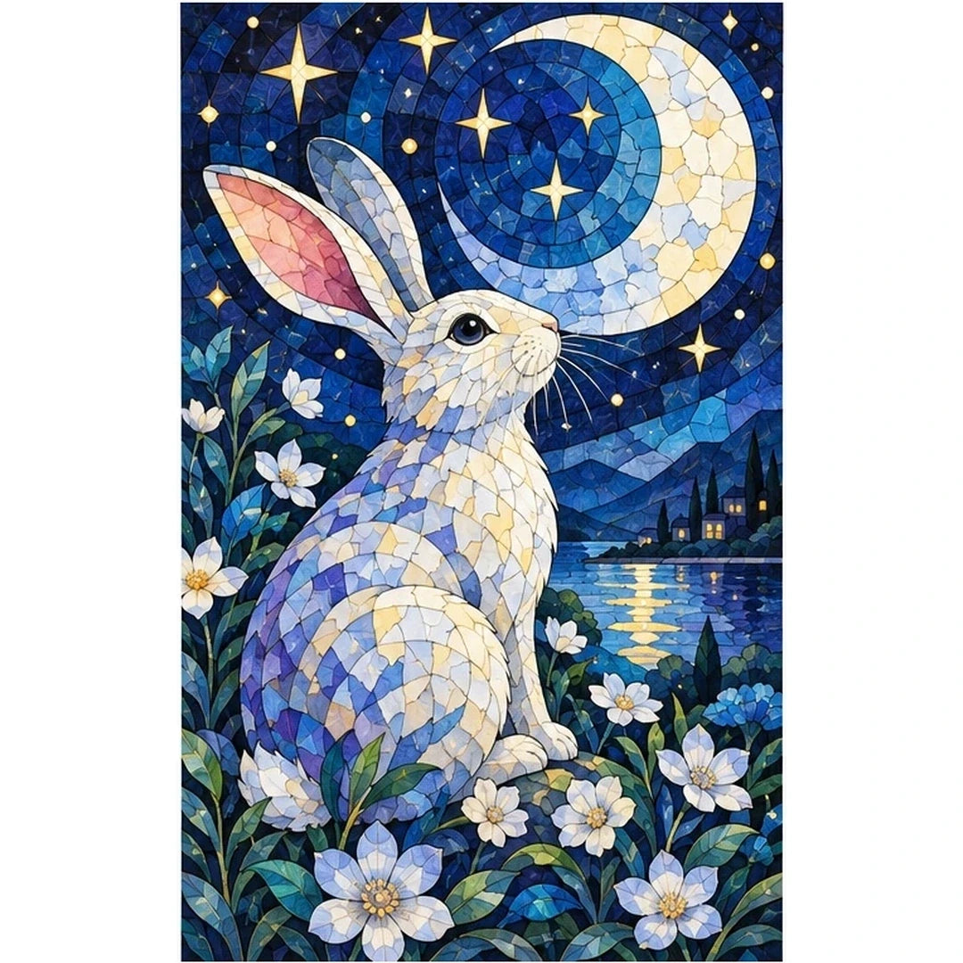 Moonlit Rabbit Daisies Diamond Painting Kit — original white-background artwork