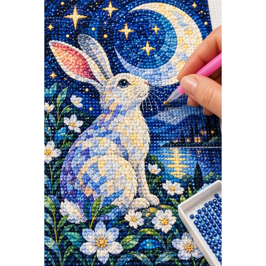 Moonlit Rabbit Daisies Diamond Painting Kit — diamond painting application process