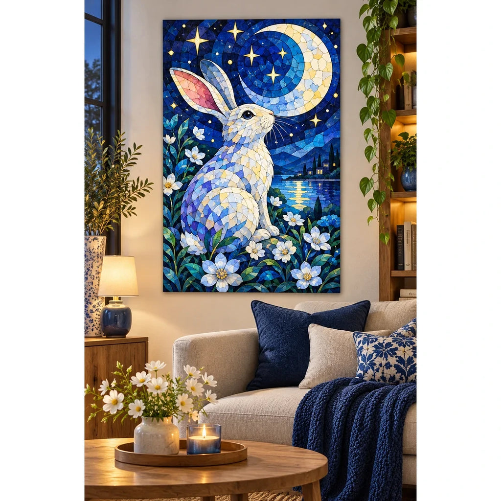 Moonlit Rabbit Daisies Diamond Painting Kit — finished diamond painting in a home setting