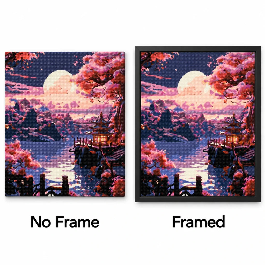Moonlit Sakura Pagoda Diamond Painting Kit No Frame and Framed comparison