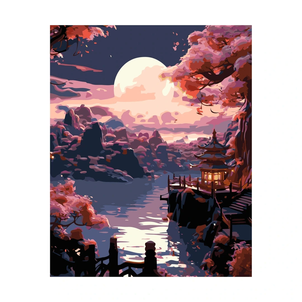 Moonlit Sakura Pagoda Diamond Painting Kit original artwork on white background