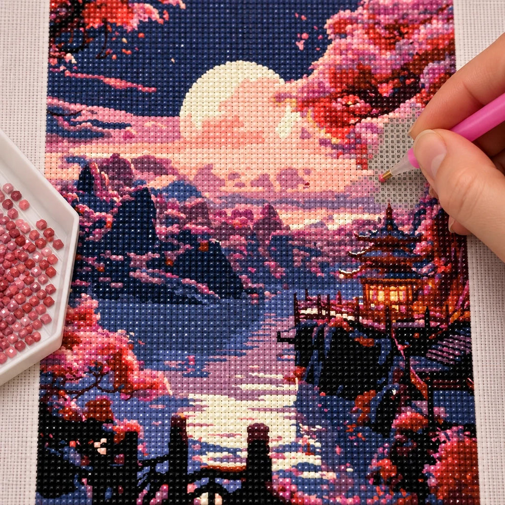 Moonlit Sakura Pagoda Diamond Painting Kit diamond placement process