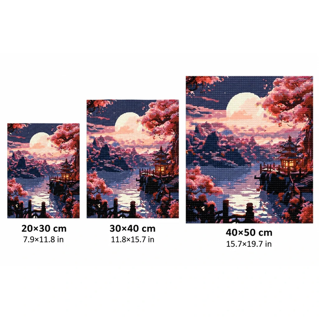 Moonlit Sakura Pagoda Diamond Painting Kit size guide