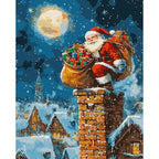Original artwork showing a moonlit Santa delivery scene.