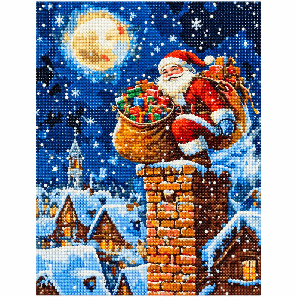 Finished diamond painting of a moonlit Santa delivery scene.