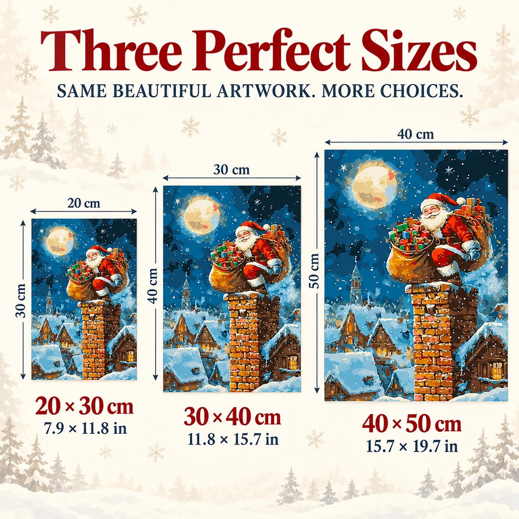 Size guide for Moonlit Santa Delivery Diamond Painting Kit: 20 × 30 cm, 30 × 40 cm, and 40 × 50 cm.