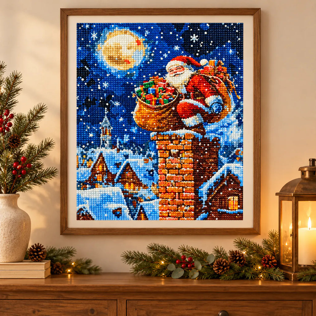 Home decor scene showing a moonlit Santa delivery scene displayed on a wall.