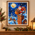 Home decor scene showing a moonlit Santa delivery scene displayed on a wall.