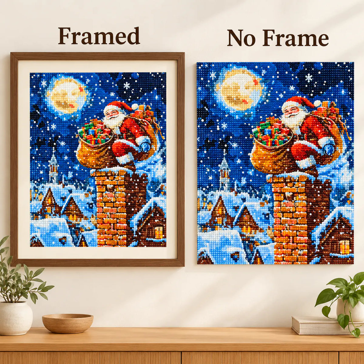 Framed and no-frame comparison for Moonlit Santa Delivery Diamond Painting Kit.