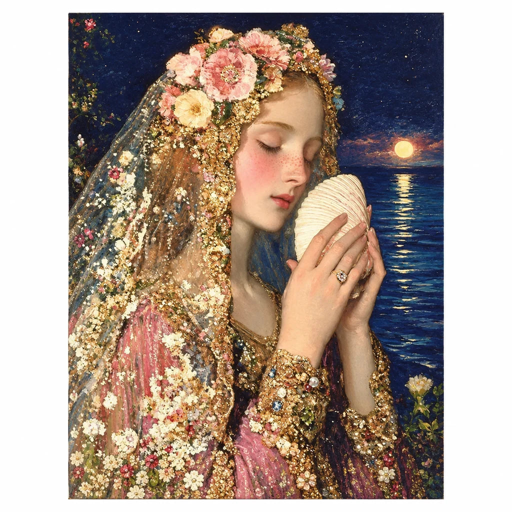 Original artwork for Moonlit Shell Maiden Diamond Painting Kit, showing a floral-crowned woman holding a glowing seashell beneath a dark sky.