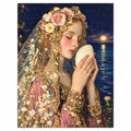 Original artwork for Moonlit Shell Maiden Diamond Painting Kit, showing a floral-crowned woman holding a glowing seashell beneath a dark sky.