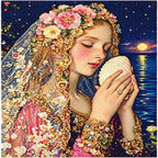 Finished diamond painting of a floral-crowned woman holding a glowing seashell beneath a dark sky.