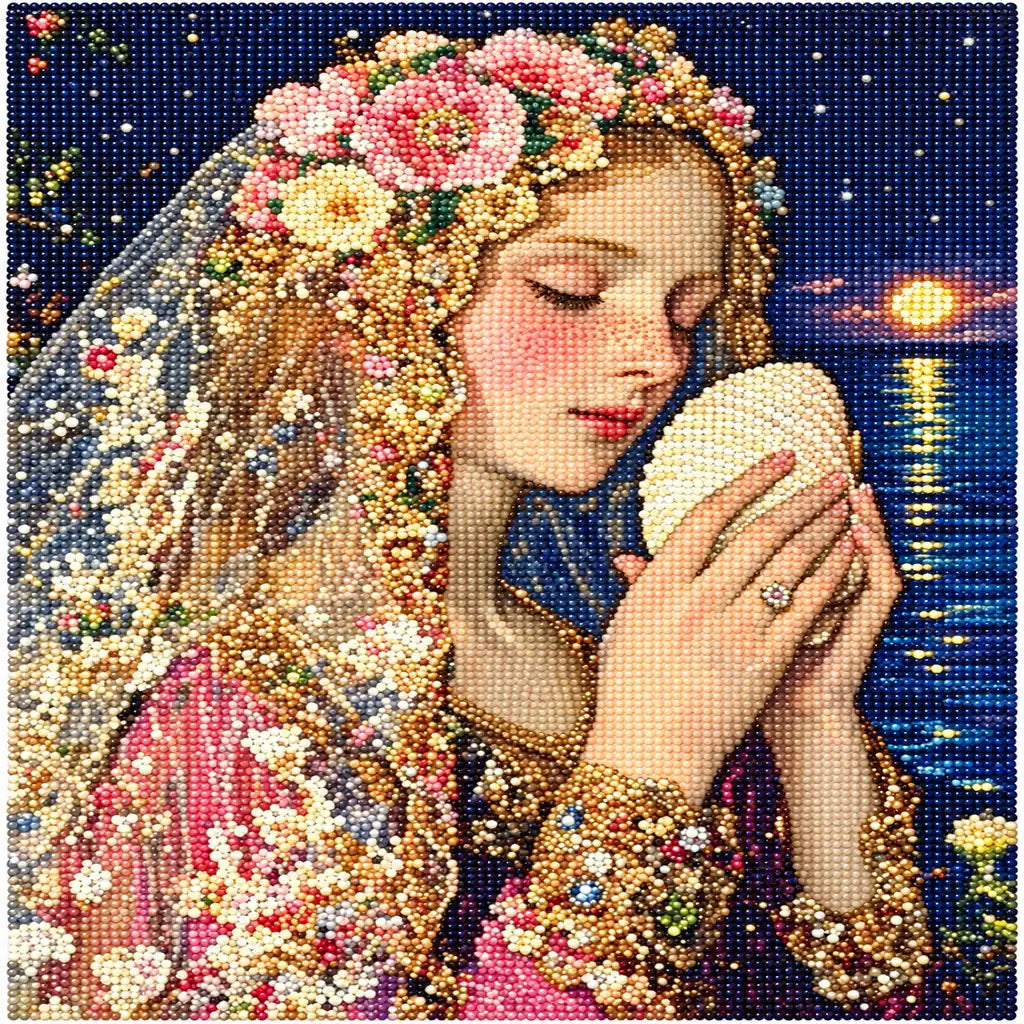 Finished diamond painting of a floral-crowned woman holding a glowing seashell beneath a dark sky.