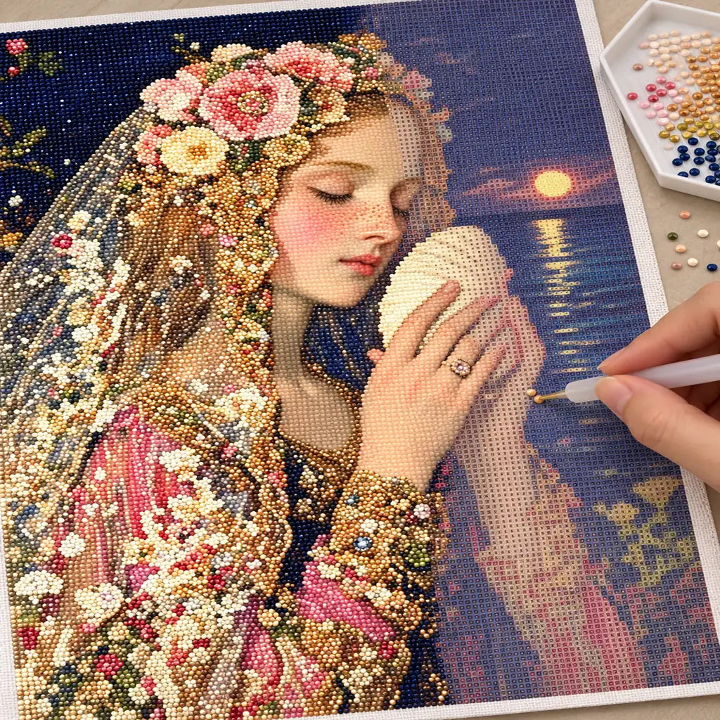 Diamond painting process for Moonlit Shell Maiden, with drills being placed over a floral-crowned woman holding a glowing seashell beneath a dark sky.
