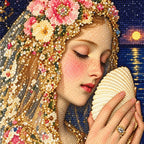 Close-up of diamond drill texture across a floral-crowned woman holding a glowing seashell beneath a dark sky.