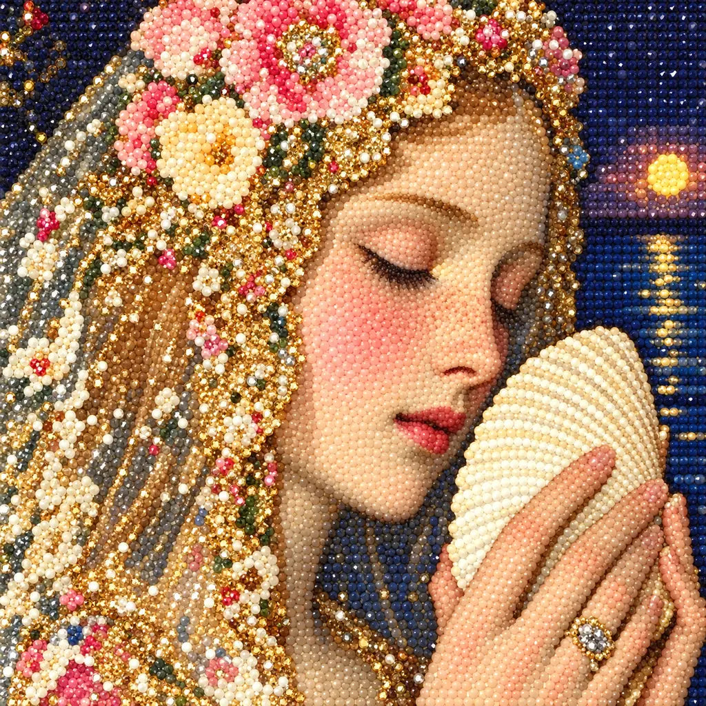 Close-up of diamond drill texture across a floral-crowned woman holding a glowing seashell beneath a dark sky.