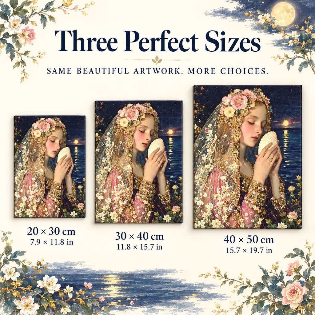 Size guide for Moonlit Shell Maiden: 20 × 30 cm, 30 × 40 cm, and 40 × 50 cm.