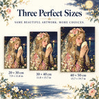 Size guide for Moonlit Shell Maiden: 20 × 30 cm, 30 × 40 cm, and 40 × 50 cm.