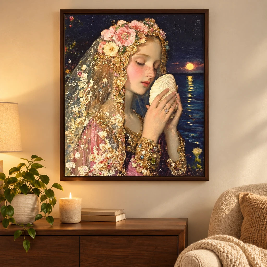 Home decor scene showing Moonlit Shell Maiden artwork displayed on a wall.