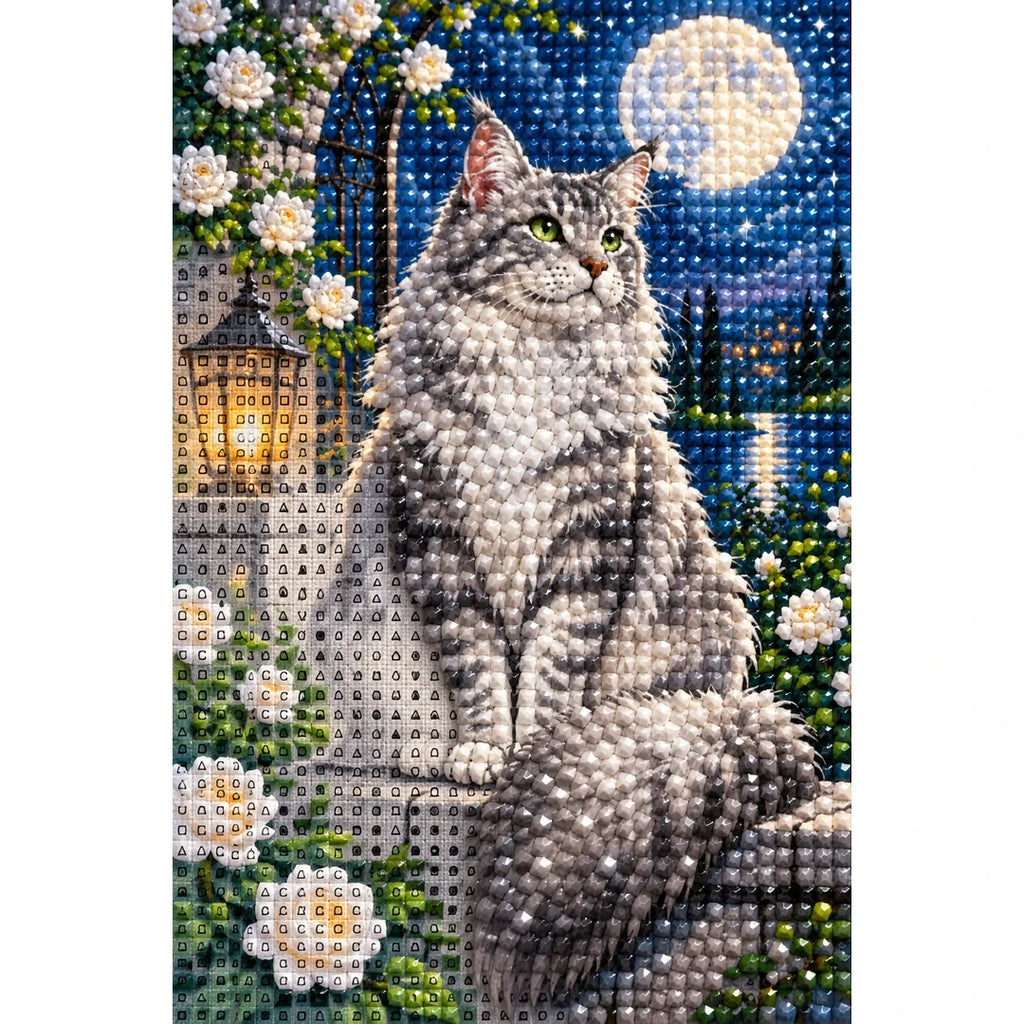 Moonlit Silver Tabby Diamond Painting Kit diamond and canvas detail