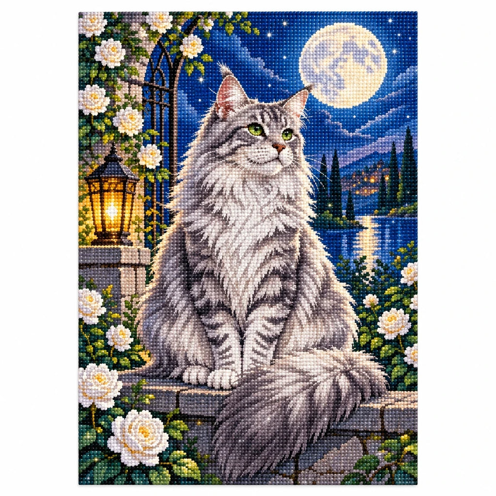 Moonlit Silver Tabby Diamond Painting Kit finished diamond artwork on white background