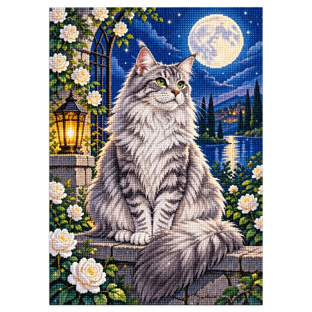 Moonlit Silver Tabby Diamond Painting Kit finished diamond artwork on white background