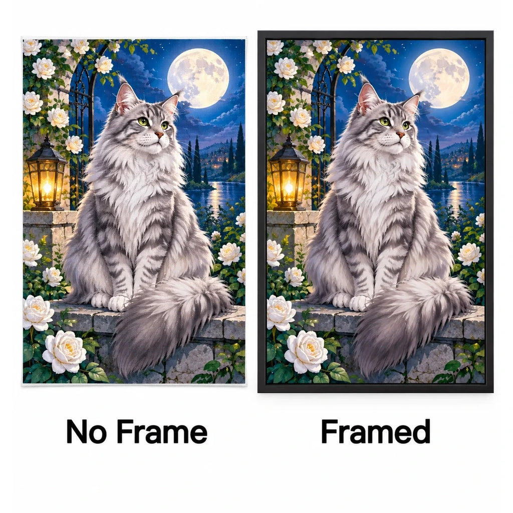 Moonlit Silver Tabby Diamond Painting Kit No Frame and Framed comparison