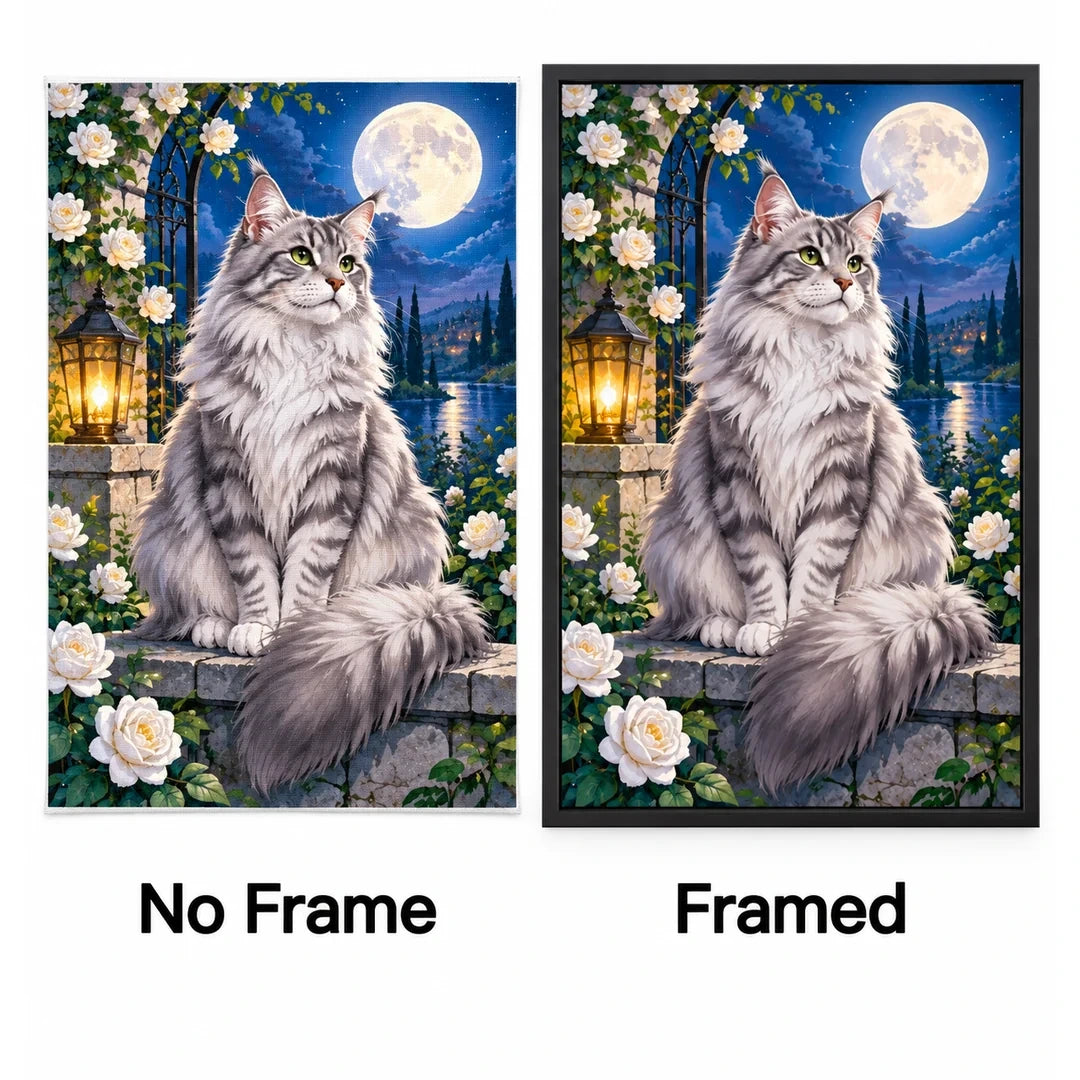 Moonlit Silver Tabby Diamond Painting Kit No Frame and Framed comparison