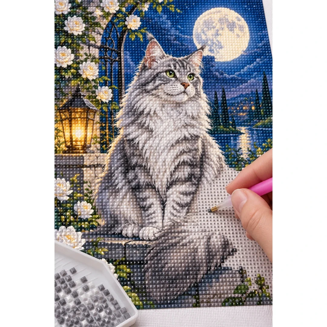 Moonlit Silver Tabby Diamond Painting Kit diamond placement process
