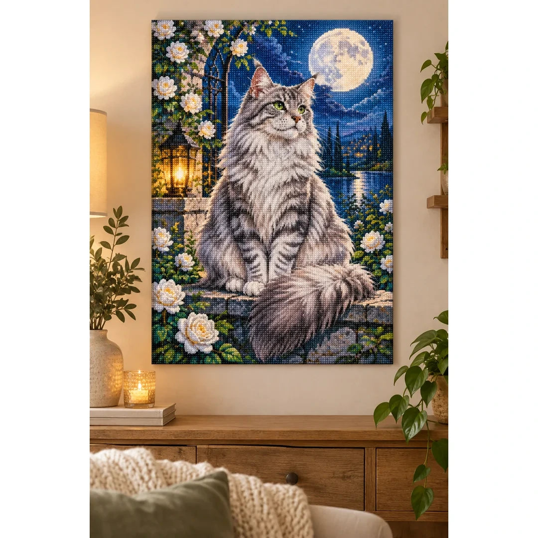 Moonlit Silver Tabby Diamond Painting Kit home decor scene