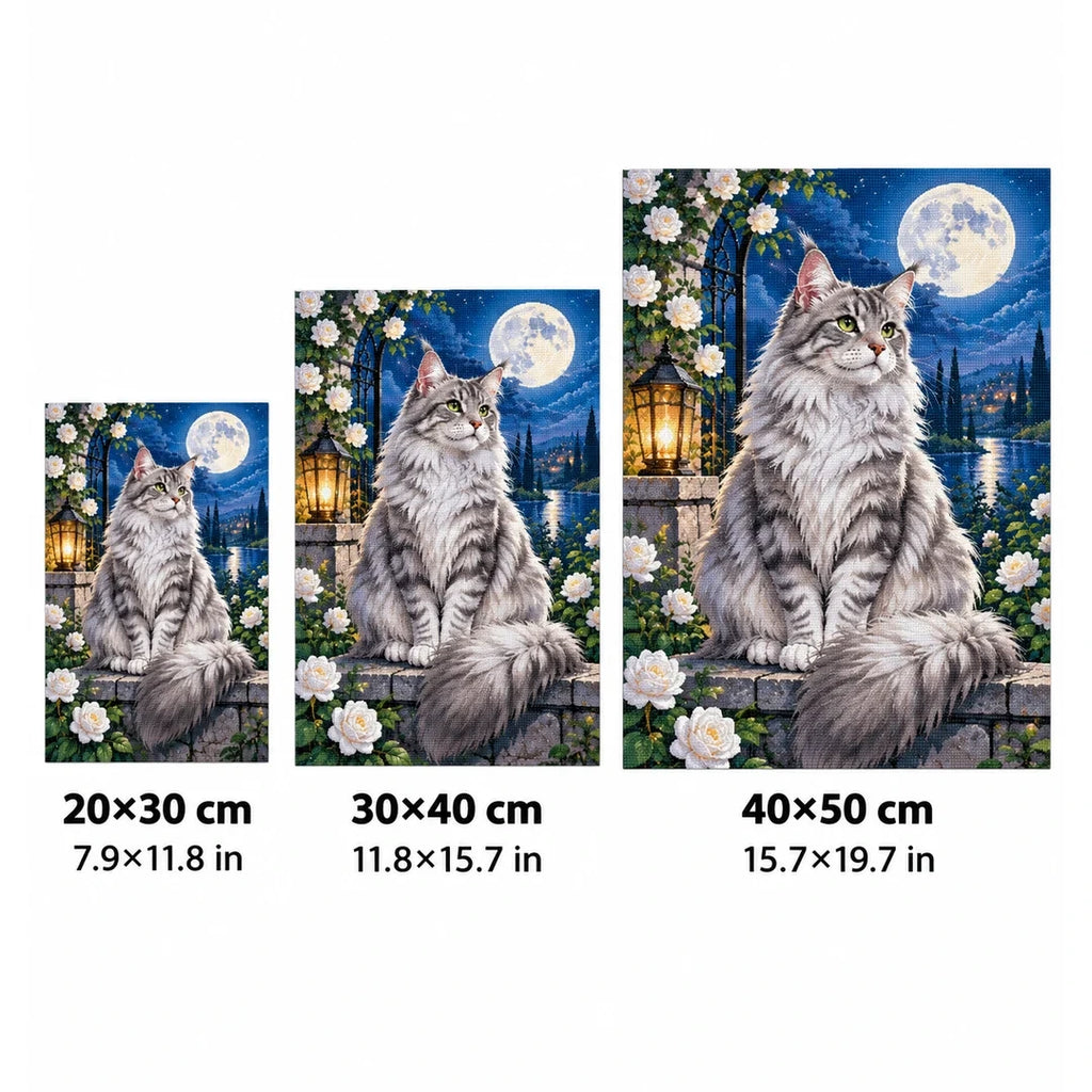 Moonlit Silver Tabby Diamond Painting Kit size guide