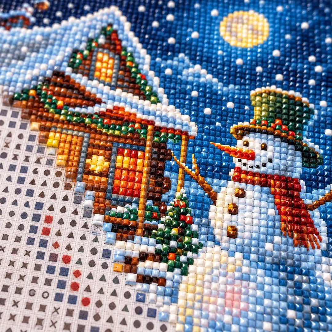 Moonlit Snowman Cabin Diamond Painting Kit detail